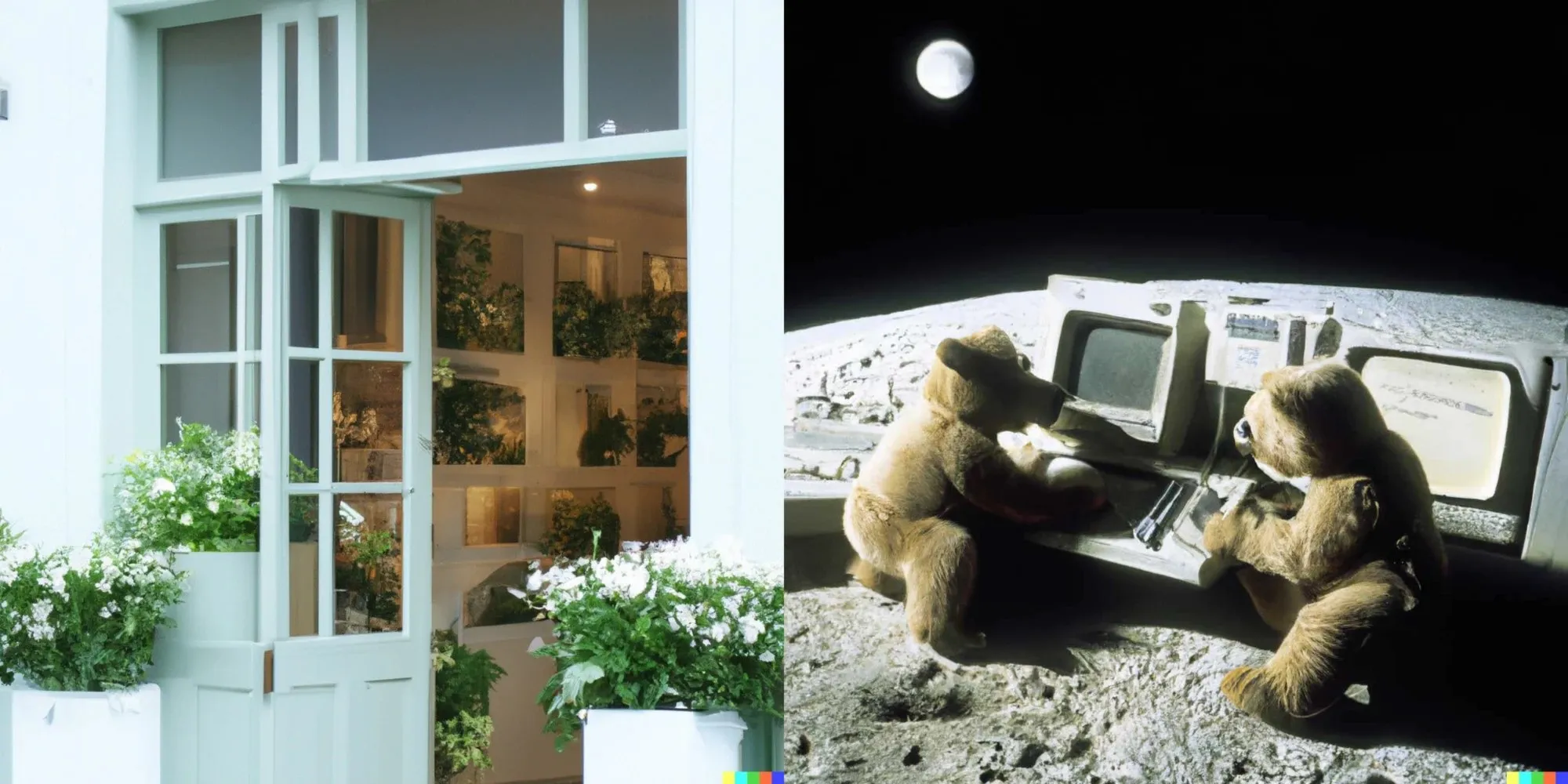 Two images generated by DALL-E: a quaint flower shop storefront with a pastel green and clean white facade, and teddy bears working on AI research on the moon with 1980s-era computers