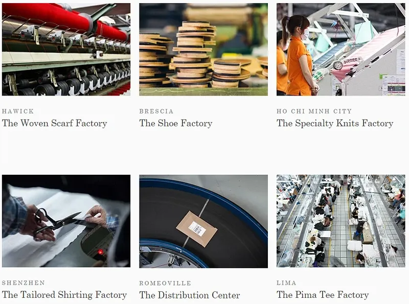 Everlane’s factories page, with photos of its woven scarf, shoe, specialty knits, tailored shirting and Pima tee factories and its distribution center