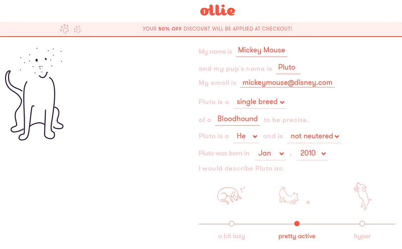 Ollie’s onboarding form, which asks for the owner’s name, the dog’s name, breed, sex and birthday, and how active the dog is